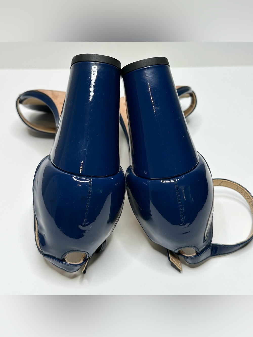 Stuart Weitzman Navy Blue Patent Leather Nudist Curve Heels Shoes Sandal - Picture 7 of 12